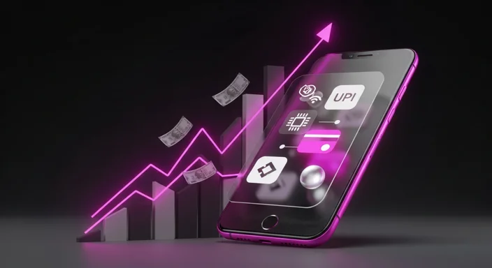 Person holding a smartphone showing UPI transfer confirmation beside a laptop, representing Tez888 withdrawal in India